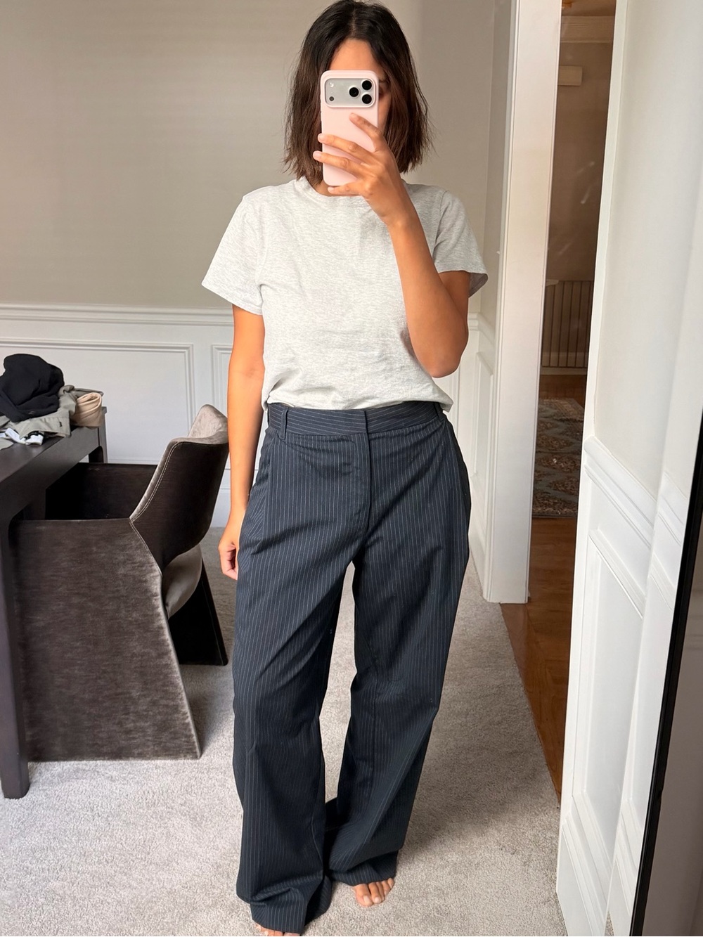 Wide-Leg Pinstripe Trousers - Navy